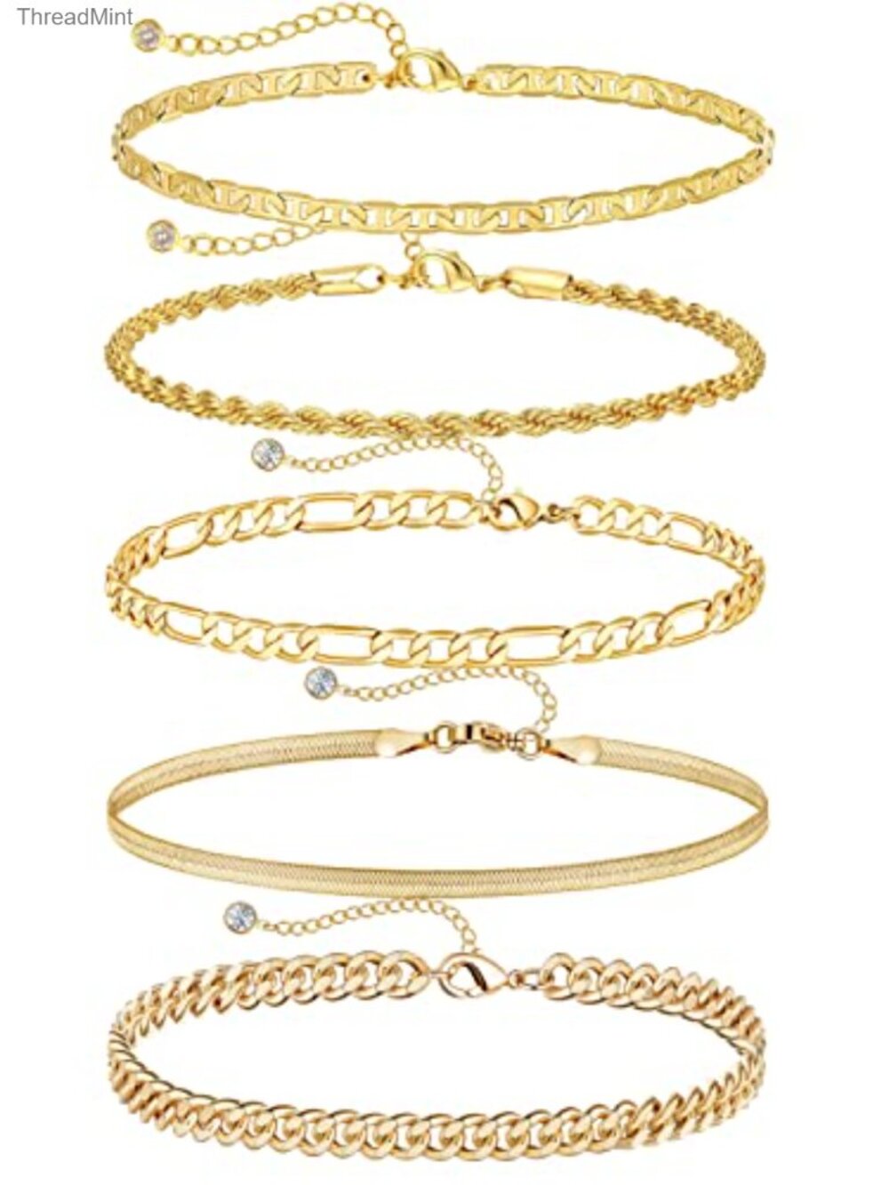 14K Gold Plated Anklet Set - 5 Layered Beaded Chain Anklets, Beach Jewelry